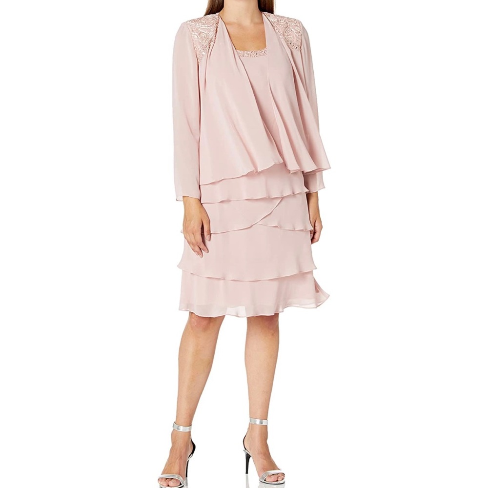 S.L. Fashions Women's Embellished Tiered Jacket Dress in Faded Rose size 14 NWT